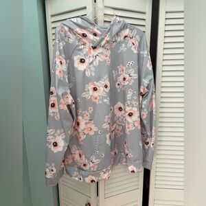 SHEIN Gray Floral Hooded Sweatshirt with Pink Accents